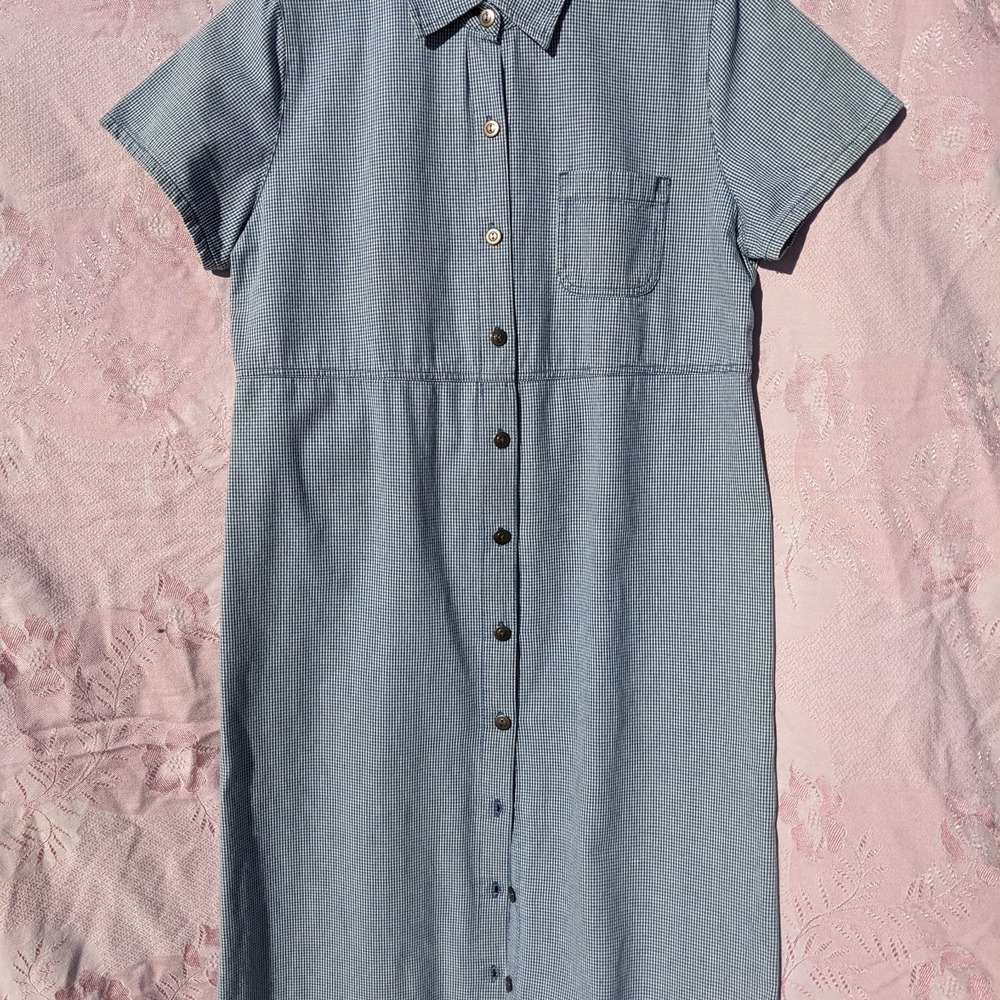 Vintage Gingham Maxi Shirt Dress Large Blue Cotton Cottagecore Button Up Plaid - Picture 6 of 13